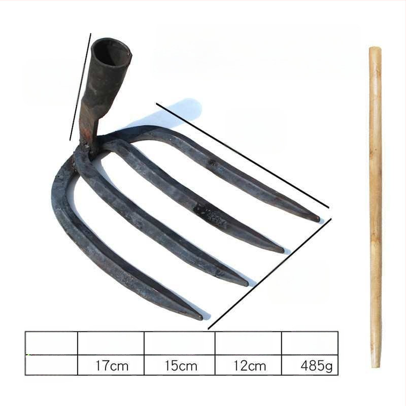 Keturių dantų kaltas plieninis grėblys daržo žemei laisvinti ir daržininkystei