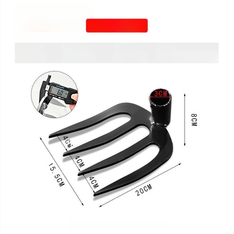 Keturių dantų kaltas plieninis grėblys daržo žemei laisvinti ir daržininkystei