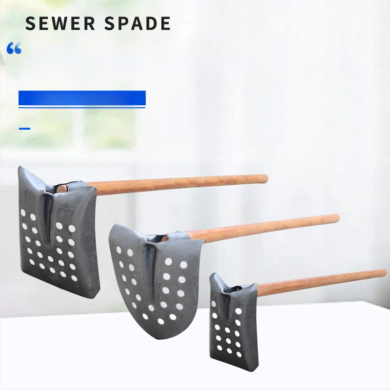 Nuotekų valymo kastuvas su lenktu kampu geležine galva – tinka vamzdynų ir griovių valymui