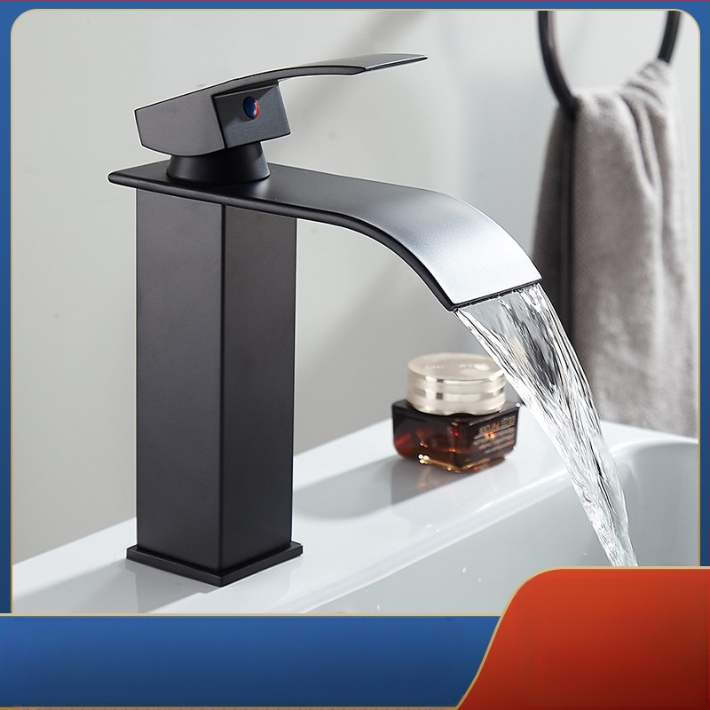 Vízesés stílusú mosdócsaptele rozsdamentes acélból, egykaros keverő, kerámiás szeleppel