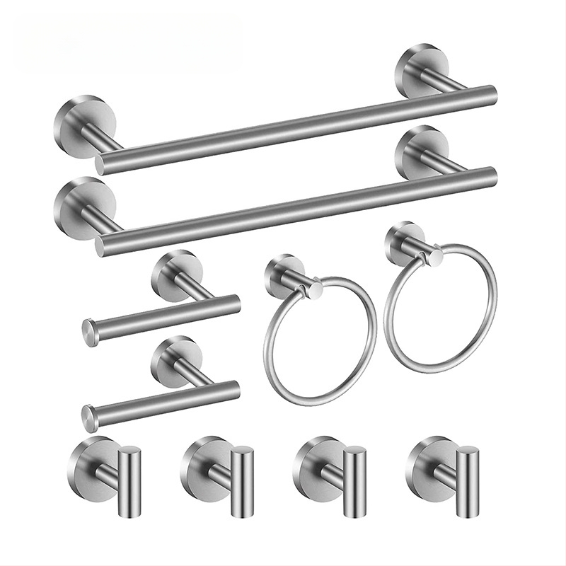 Комплект за кърпи от неръждаема стомана 304 за баня, стенен монтаж: пръчка за кърпи, държач за салфетки, пръстени за кърпи и закачалки; модерен минималистичен стил; шестчастен комплект и повече