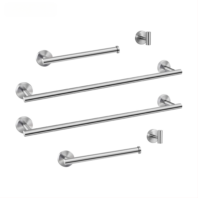 Комплект за кърпи от неръждаема стомана 304 за баня, стенен монтаж: пръчка за кърпи, държач за салфетки, пръстени за кърпи и закачалки; модерен минималистичен стил; шестчастен комплект и повече