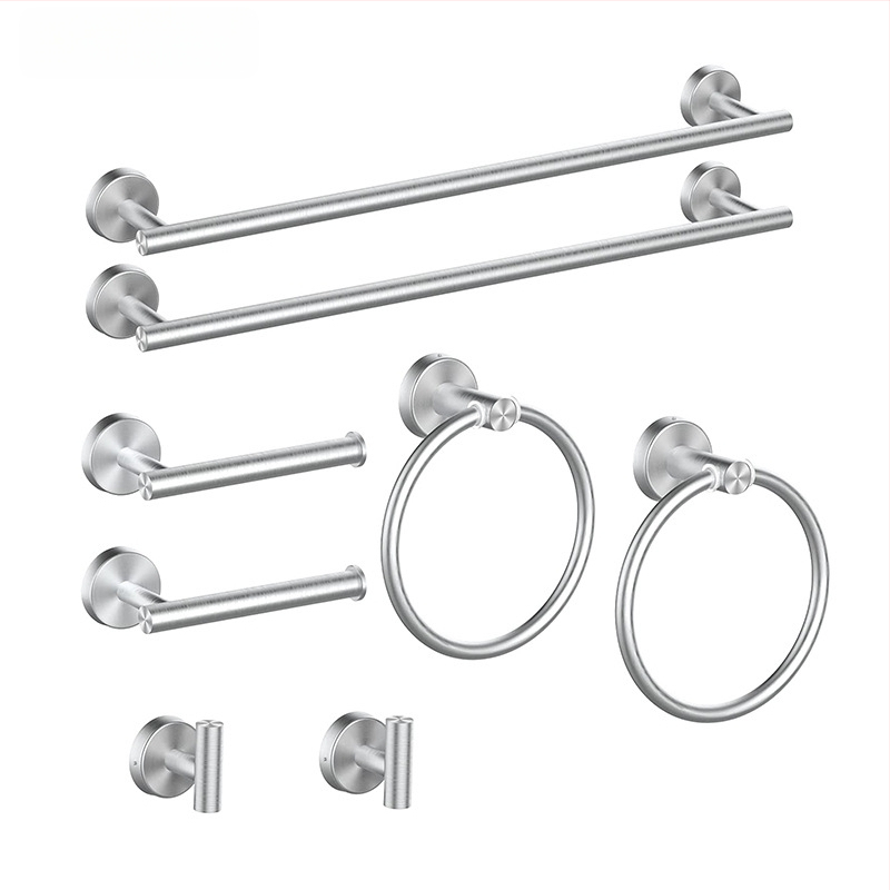 Комплект за кърпи от неръждаема стомана 304 за баня, стенен монтаж: пръчка за кърпи, държач за салфетки, пръстени за кърпи и закачалки; модерен минималистичен стил; шестчастен комплект и повече