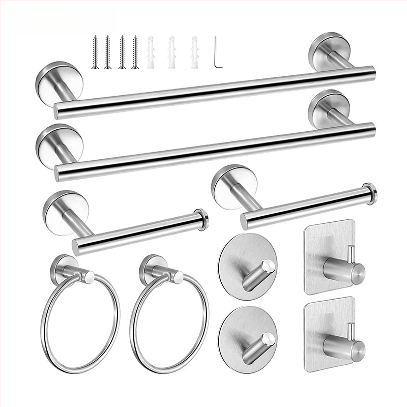 Комплект за кърпи от неръждаема стомана 304 за баня, стенен монтаж: пръчка за кърпи, държач за салфетки, пръстени за кърпи и закачалки; модерен минималистичен стил; шестчастен комплект и повече
