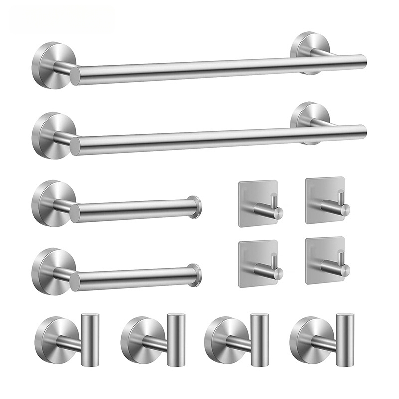 Комплект за кърпи от неръждаема стомана 304 за баня, стенен монтаж: пръчка за кърпи, държач за салфетки, пръстени за кърпи и закачалки; модерен минималистичен стил; шестчастен комплект и повече