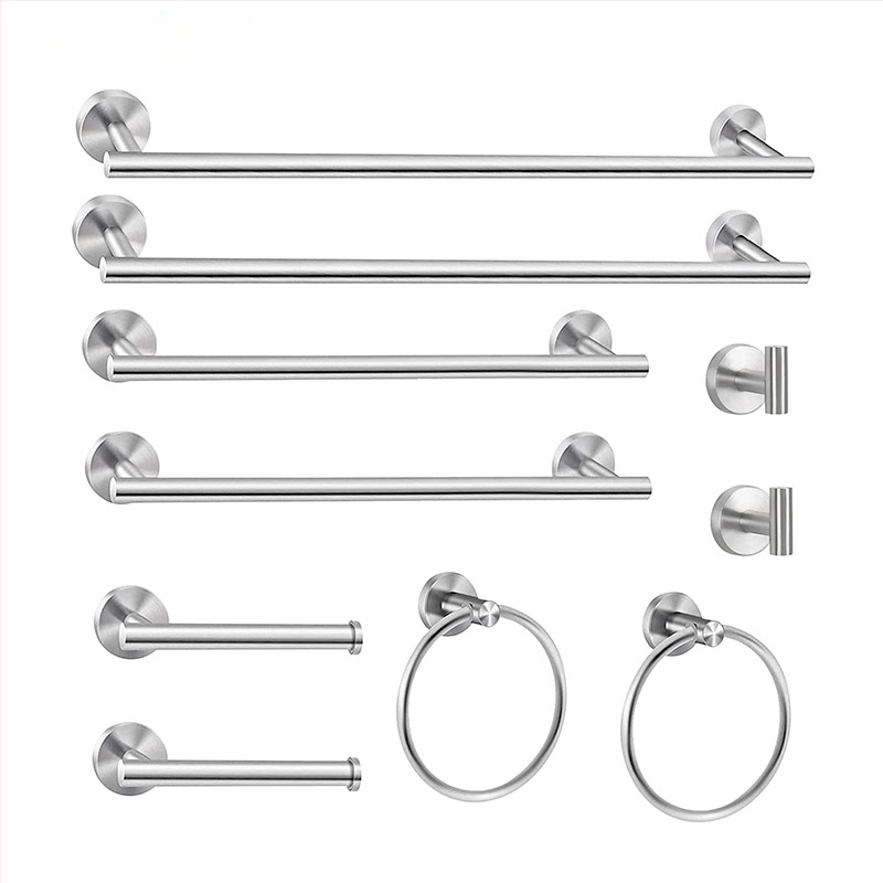 Комплект за кърпи от неръждаема стомана 304 за баня, стенен монтаж: пръчка за кърпи, държач за салфетки, пръстени за кърпи и закачалки; модерен минималистичен стил; шестчастен комплект и повече
