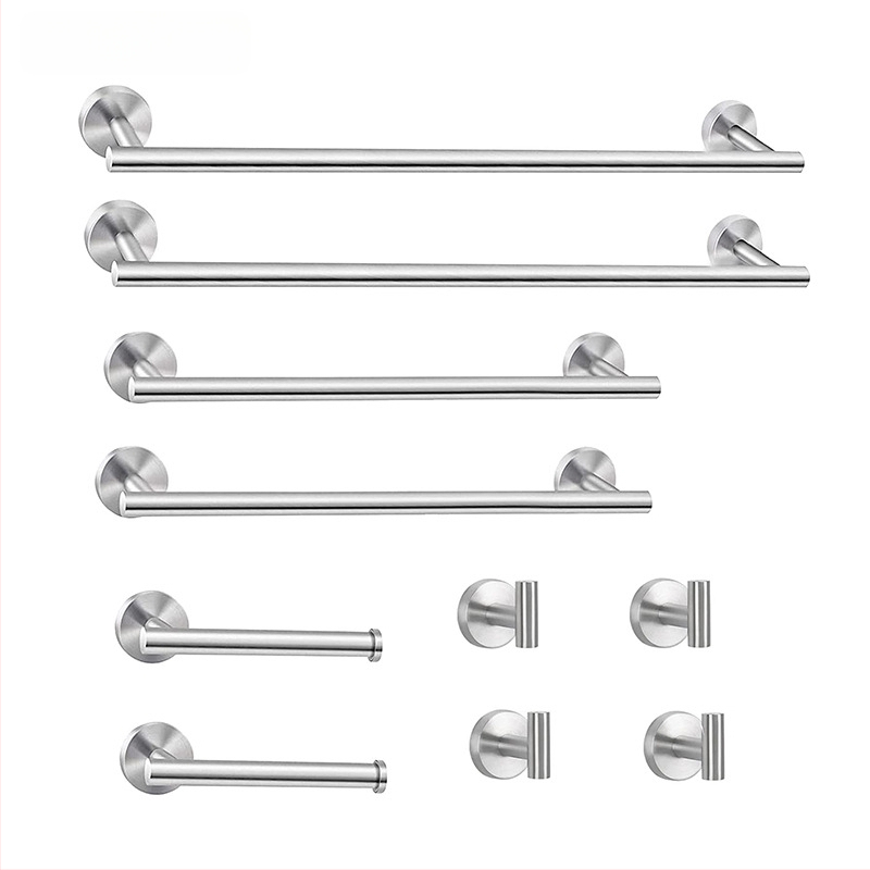 Комплект за кърпи от неръждаема стомана 304 за баня, стенен монтаж: пръчка за кърпи, държач за салфетки, пръстени за кърпи и закачалки; модерен минималистичен стил; шестчастен комплект и повече