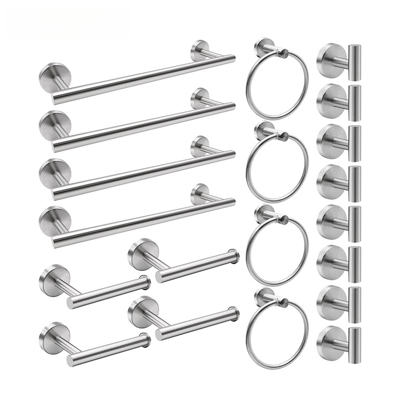 Комплект за кърпи от неръждаема стомана 304 за баня, стенен монтаж: пръчка за кърпи, държач за салфетки, пръстени за кърпи и закачалки; модерен минималистичен стил; шестчастен комплект и повече