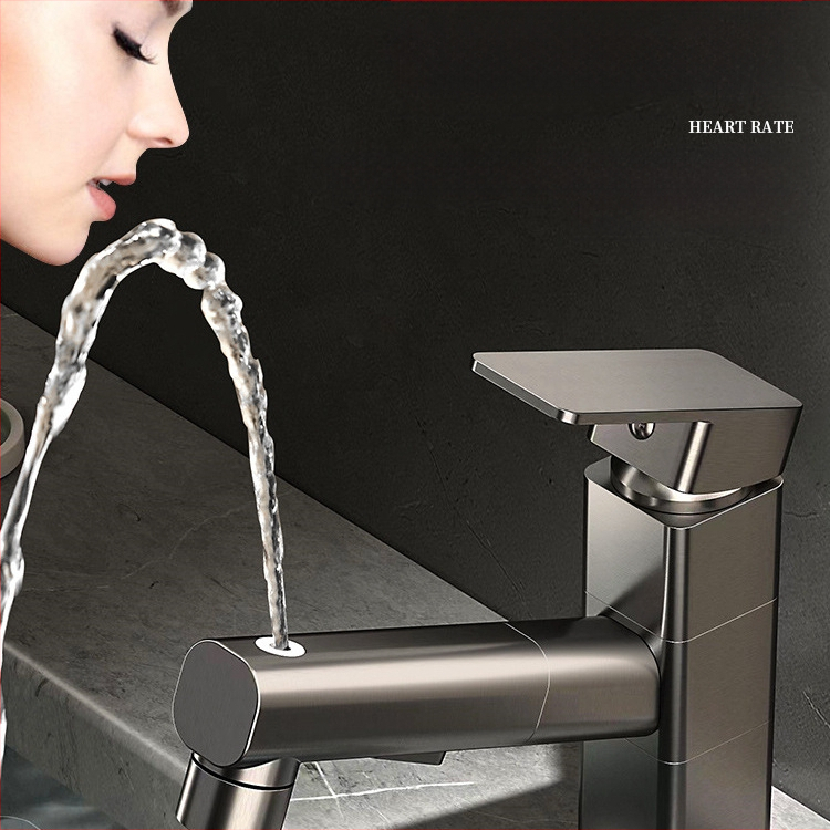 Varinis praustuvo čiaupas, dvigubo jungimo konstrukcija, atidarymas su rakteliu, keraminis vožtuvo šerdis, šiuolaikinis minimalistinis stilius