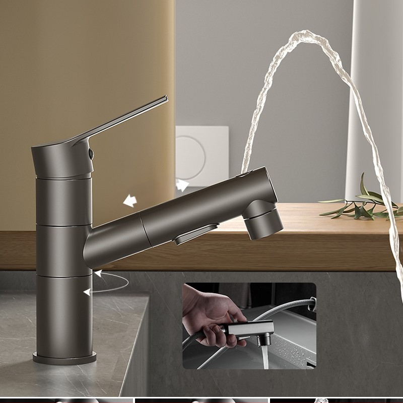 Varinis praustuvo čiaupas, dvigubo jungimo konstrukcija, atidarymas su rakteliu, keraminis vožtuvo šerdis, šiuolaikinis minimalistinis stilius