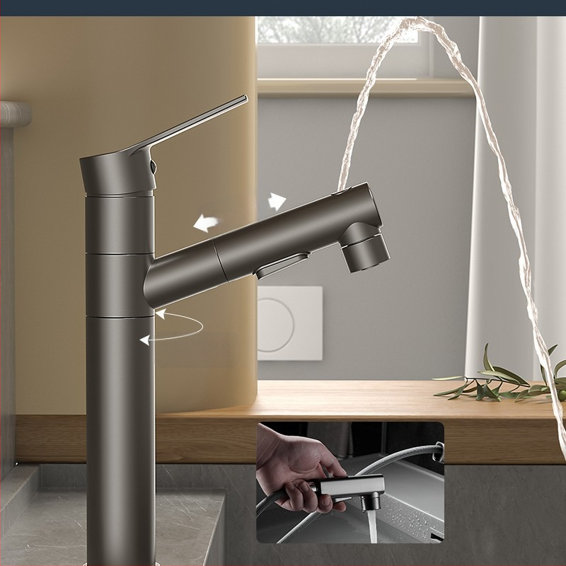 Varinis praustuvo čiaupas, dvigubo jungimo konstrukcija, atidarymas su rakteliu, keraminis vožtuvo šerdis, šiuolaikinis minimalistinis stilius