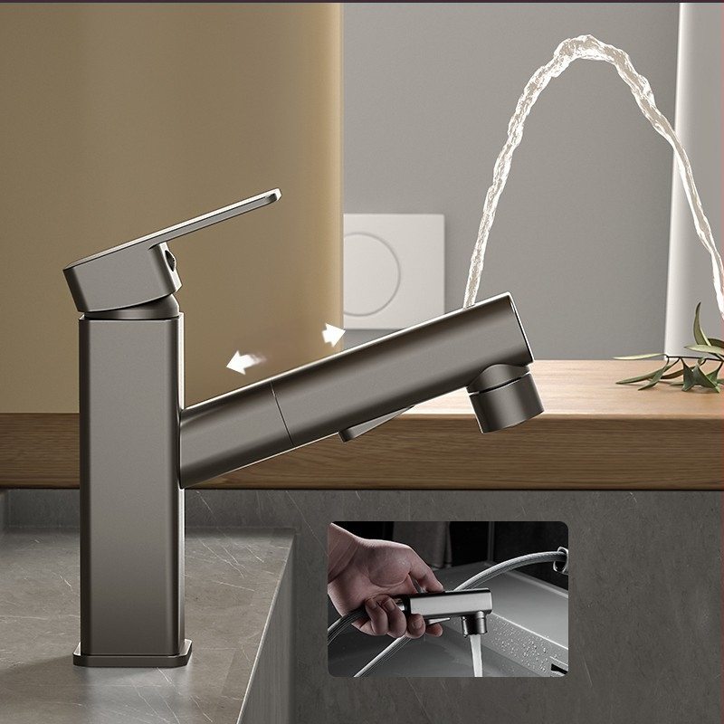 Varinis praustuvo čiaupas, dvigubo jungimo konstrukcija, atidarymas su rakteliu, keraminis vožtuvo šerdis, šiuolaikinis minimalistinis stilius