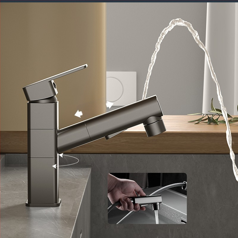 Varinis praustuvo čiaupas, dvigubo jungimo konstrukcija, atidarymas su rakteliu, keraminis vožtuvo šerdis, šiuolaikinis minimalistinis stilius