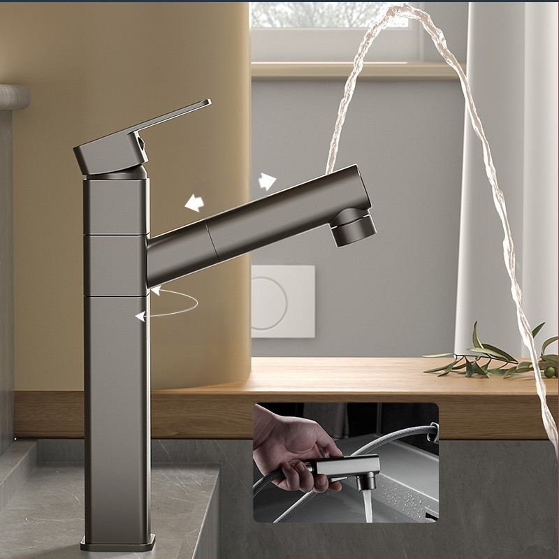 Varinis praustuvo čiaupas, dvigubo jungimo konstrukcija, atidarymas su rakteliu, keraminis vožtuvo šerdis, šiuolaikinis minimalistinis stilius