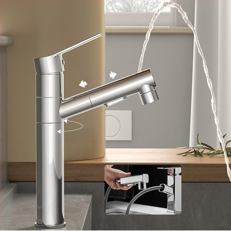 Varinis praustuvo čiaupas, dvigubo jungimo konstrukcija, atidarymas su rakteliu, keraminis vožtuvo šerdis, šiuolaikinis minimalistinis stilius