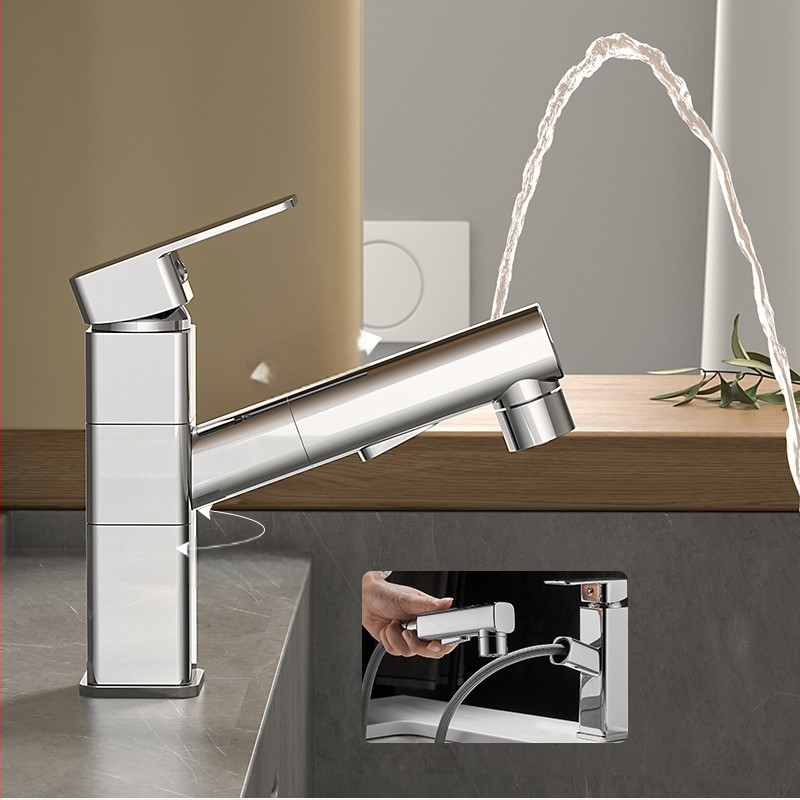 Varinis praustuvo čiaupas, dvigubo jungimo konstrukcija, atidarymas su rakteliu, keraminis vožtuvo šerdis, šiuolaikinis minimalistinis stilius