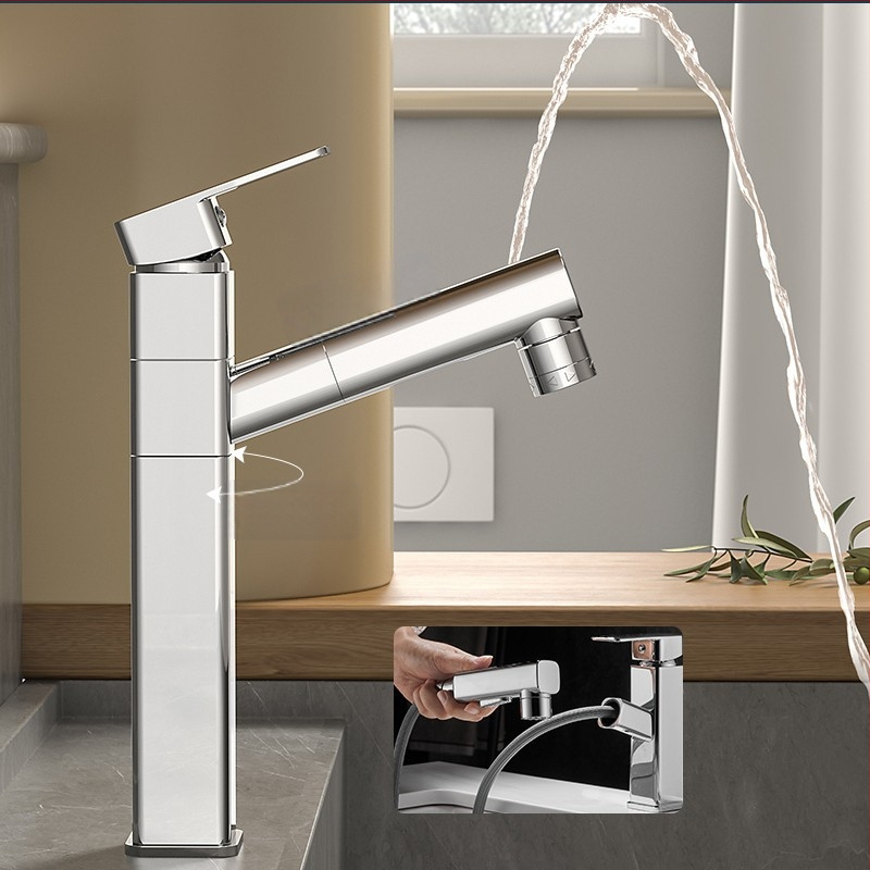 Varinis praustuvo čiaupas, dvigubo jungimo konstrukcija, atidarymas su rakteliu, keraminis vožtuvo šerdis, šiuolaikinis minimalistinis stilius