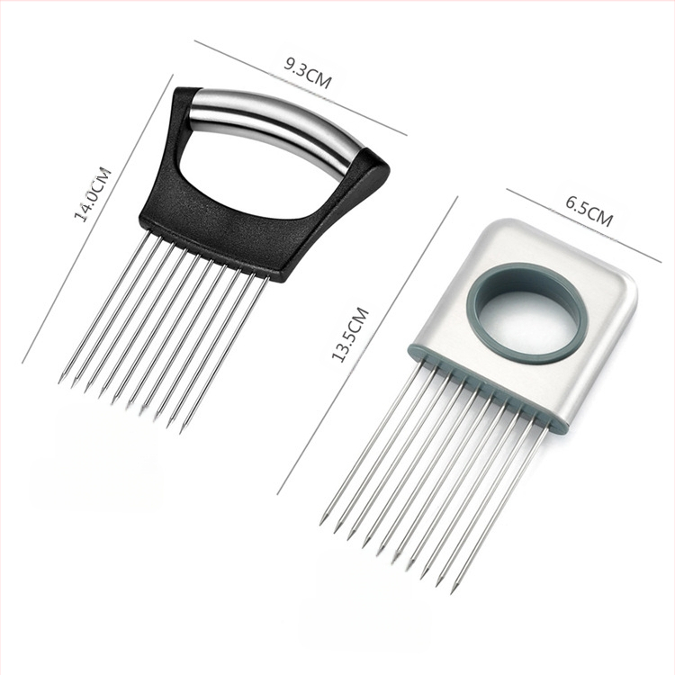 304 nerūdijančio plieno + ABS — svogūnų adatų laikiklis su įdėklu — Daugiafunkcis virtuvės įrankis svogūnams, vaisiams ir daržovėms; medžiagos: nerūdijantis plienas + ABS; pritaikomas apdorojimas ir spausdintas logotipas