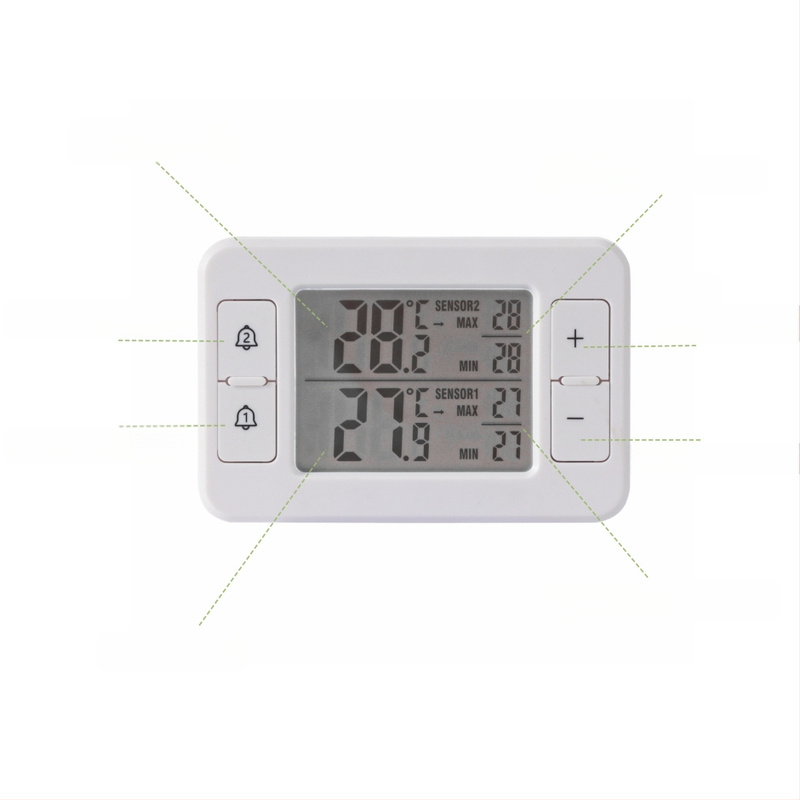 Belaidus šaldytuvo termometras, vidinis ir išorinis matavimas, dviejų kanalų, 0,1°C raiška, signalas