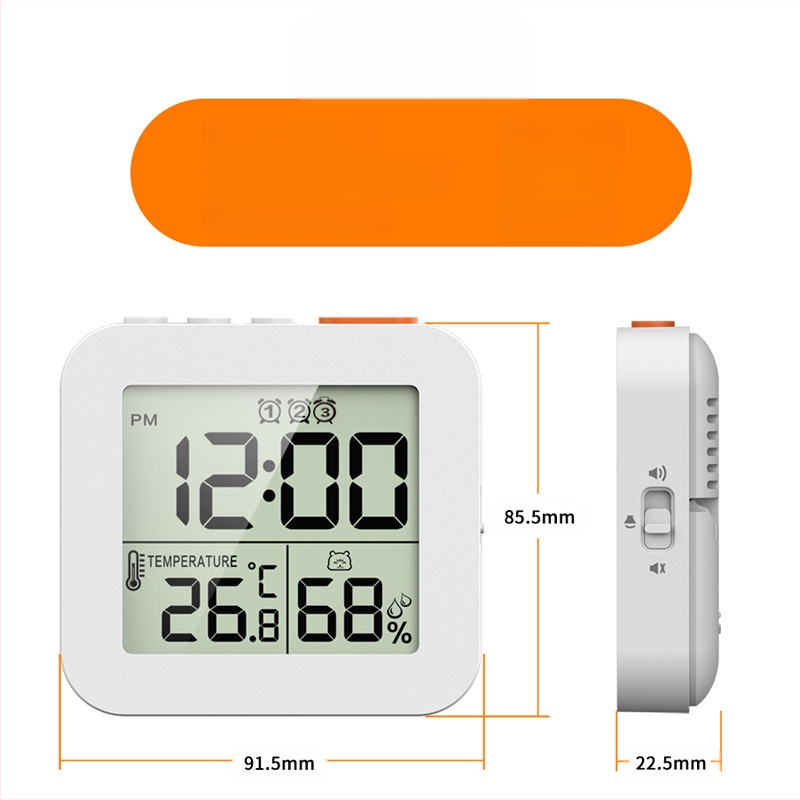 Elektroninis žadintuvas su LCD ekranu, termometru ir higrometru, trys žadintuvai, maitinimas baterijomis, ABS korpusas