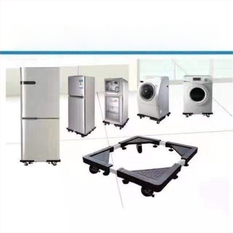 Reguliuojama nerūdijančio plieno įrenginių baze su judančiais ratukais – vieno sluoksnio laikiklis skalbimo mašinai, šaldytuvui ir oro kondicionieriui (modernus minimalistinis stilius)