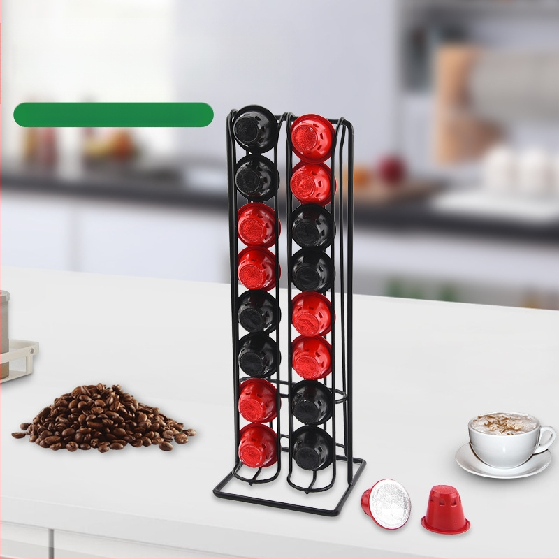 Metalinė kavos kapsulių laikiklis, dvipusis ekspozicijos stovas, geležies meno dizainas, šiuolaikinis minimalistinis stilius, išleistas 2020 m. pavasarį.