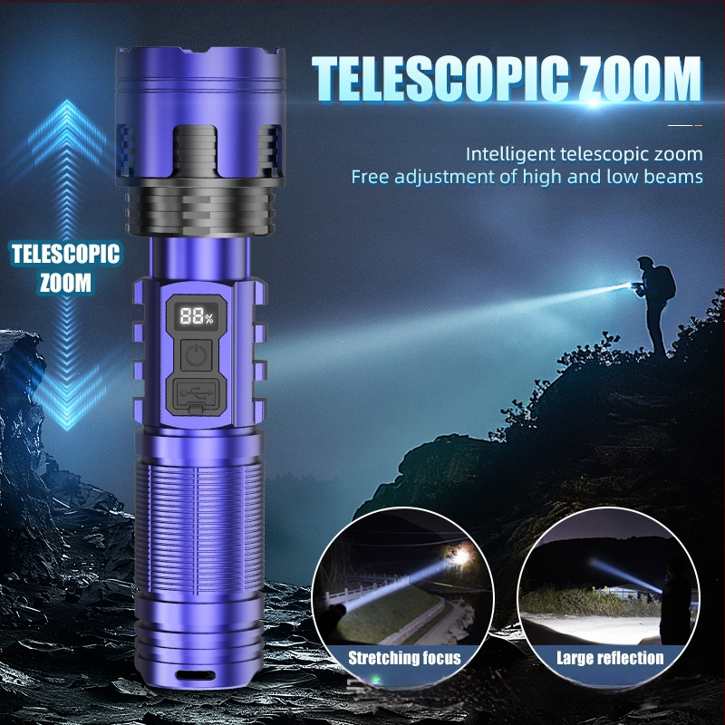 PIBINGO Wh-115b nešiojamas žibintuvėlis su teleskopiniu fokusu, 10W LED, 500 lm, 200 m spindulys, 18650 baterija, IP44