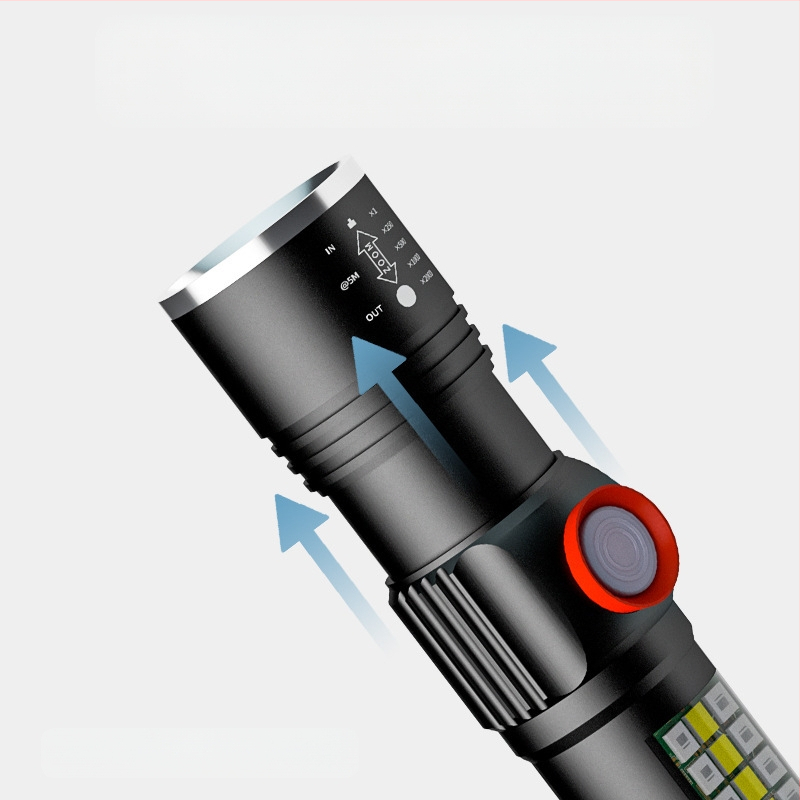 Rankinis LED P60 žibintuvėlis iš aliuminio lydinio, teleskopinis dizainas, USB įkrovimas, šoninis apšvietimas, iki 500 lm, modelis Ym-9102