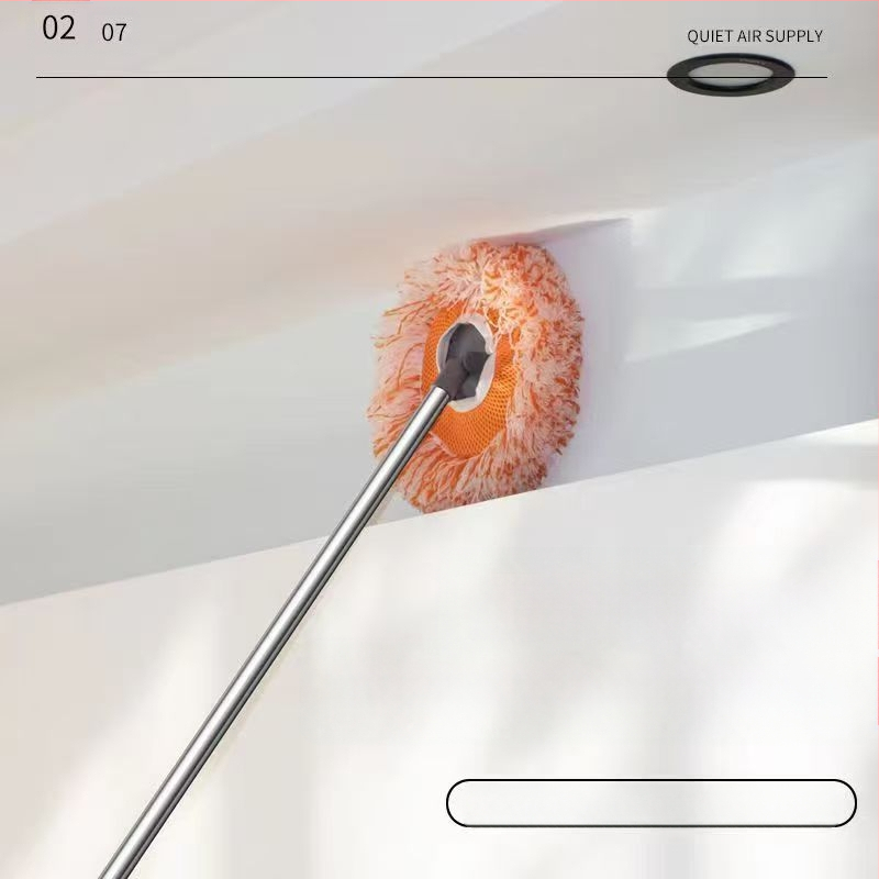 Πολυλειτουργικός επίπεδος mop με σχέδιο ηλίανθου, κεφαλή από μικροΐνες και ράβδο από ανοξείδωτο ατσάλι; κεφαλή από βαμβακερή γάζα; απομάκρυνση νερού 80–90%; φόρτος κάτω από 10 κιλά.