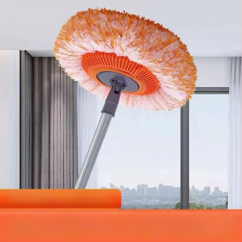 Πολυλειτουργικός επίπεδος mop με σχέδιο ηλίανθου, κεφαλή από μικροΐνες και ράβδο από ανοξείδωτο ατσάλι; κεφαλή από βαμβακερή γάζα; απομάκρυνση νερού 80–90%; φόρτος κάτω από 10 κιλά.