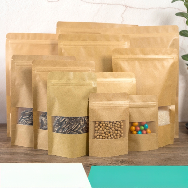 Крафт торбичка от хартия със прозорец, самостоятелно стояща, самозалепваща за опаковки на храни и подаръци