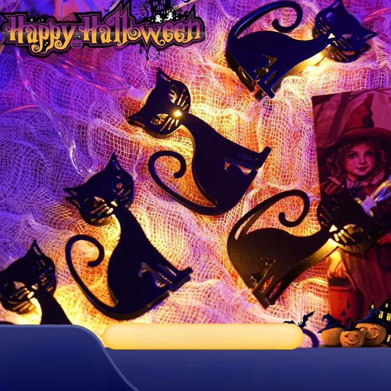 Хелоуин метални нишкови светлини с котешка форма (10 LED, ≤36V, IP44, батерийно захранване, 3000K)