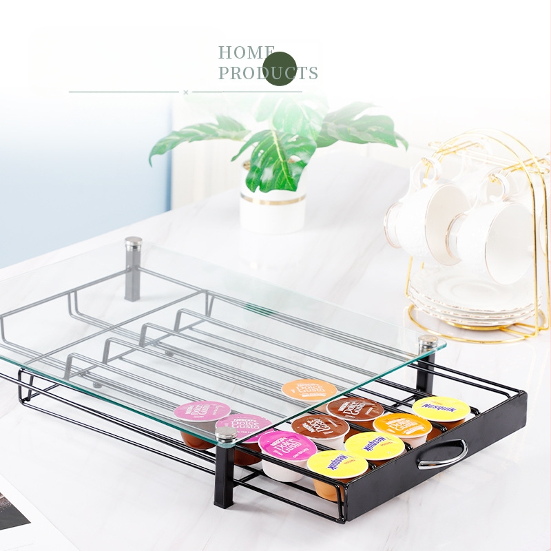 Държач за кафени капсули от ковано желязо, с чекмедже, прост и модерен дизайн, настолен, 1 ниво, многофункционален