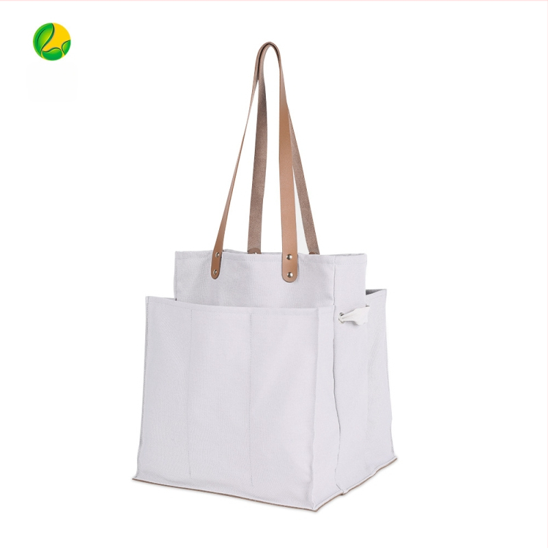 Padalinta audinio pirkinių tašė su odiniu nešiojamu modeliu saugojimui – 100% medvilnė; pagrindas ir šoniniai skydeliai; termininis perdavimas spausdinimas; svoris 340 g