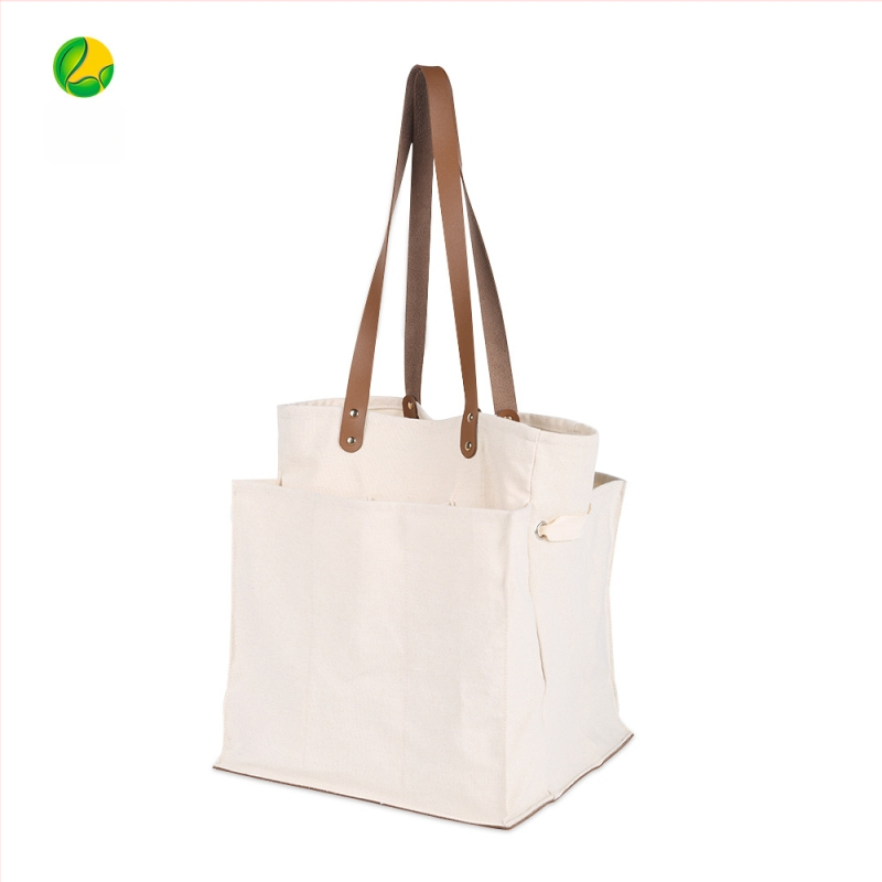 Padalinta audinio pirkinių tašė su odiniu nešiojamu modeliu saugojimui – 100% medvilnė; pagrindas ir šoniniai skydeliai; termininis perdavimas spausdinimas; svoris 340 g