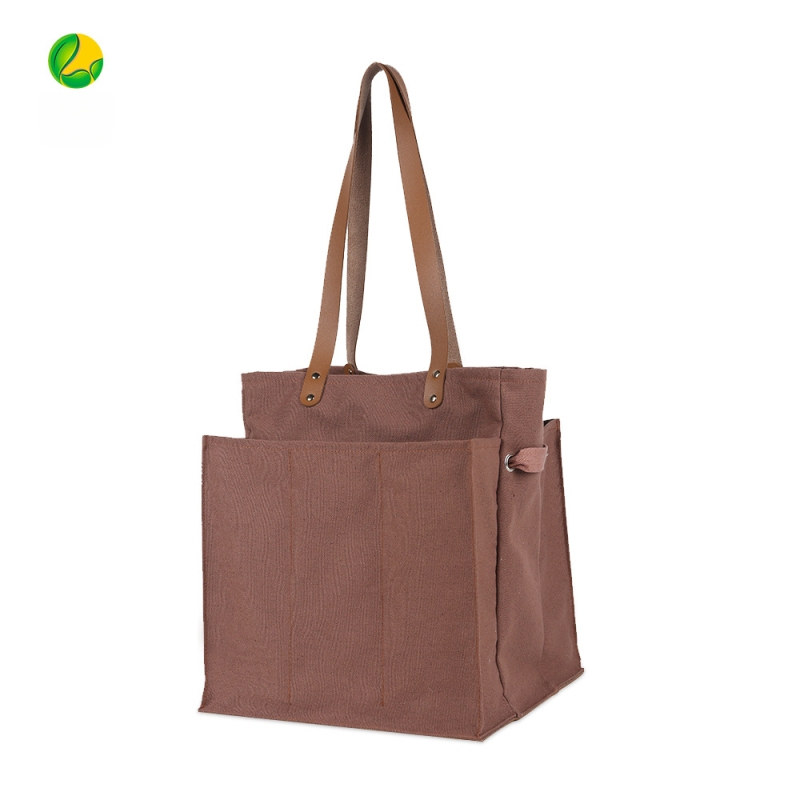 Padalinta audinio pirkinių tašė su odiniu nešiojamu modeliu saugojimui – 100% medvilnė; pagrindas ir šoniniai skydeliai; termininis perdavimas spausdinimas; svoris 340 g