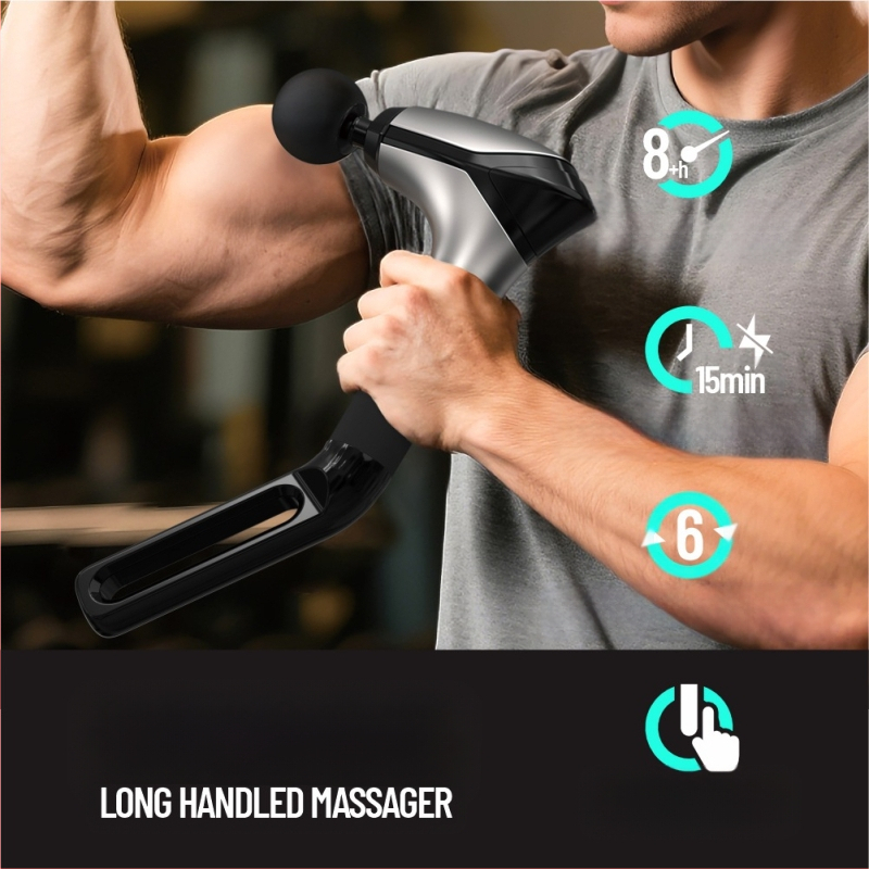 Perkusinis masažo įrankis su ilga rankena, įdiegta baterija (1–3 h), 6+ galvutės, nešiojamas, kelių greičių reguliavimas