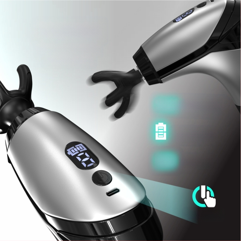 Perkusinis masažo įrankis su ilga rankena, įdiegta baterija (1–3 h), 6+ galvutės, nešiojamas, kelių greičių reguliavimas