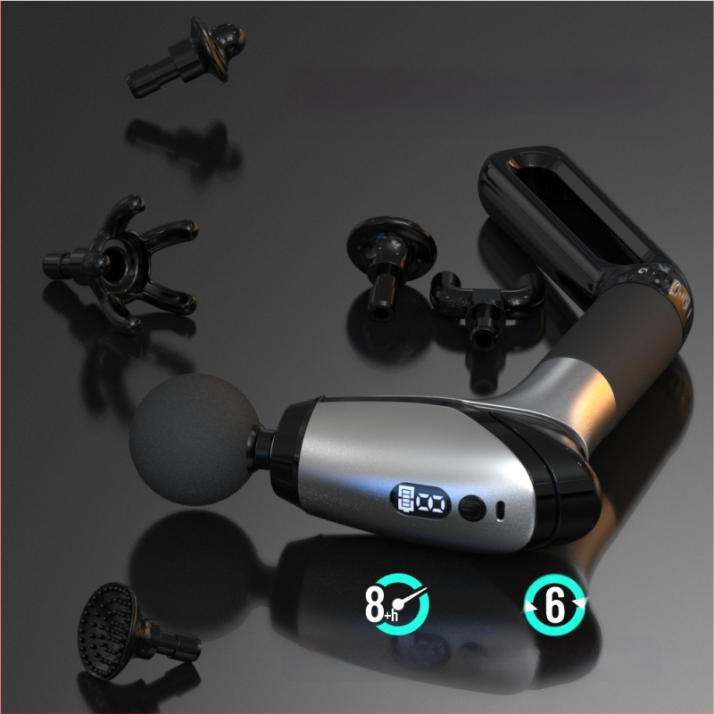 Perkusinis masažo įrankis su ilga rankena, įdiegta baterija (1–3 h), 6+ galvutės, nešiojamas, kelių greičių reguliavimas