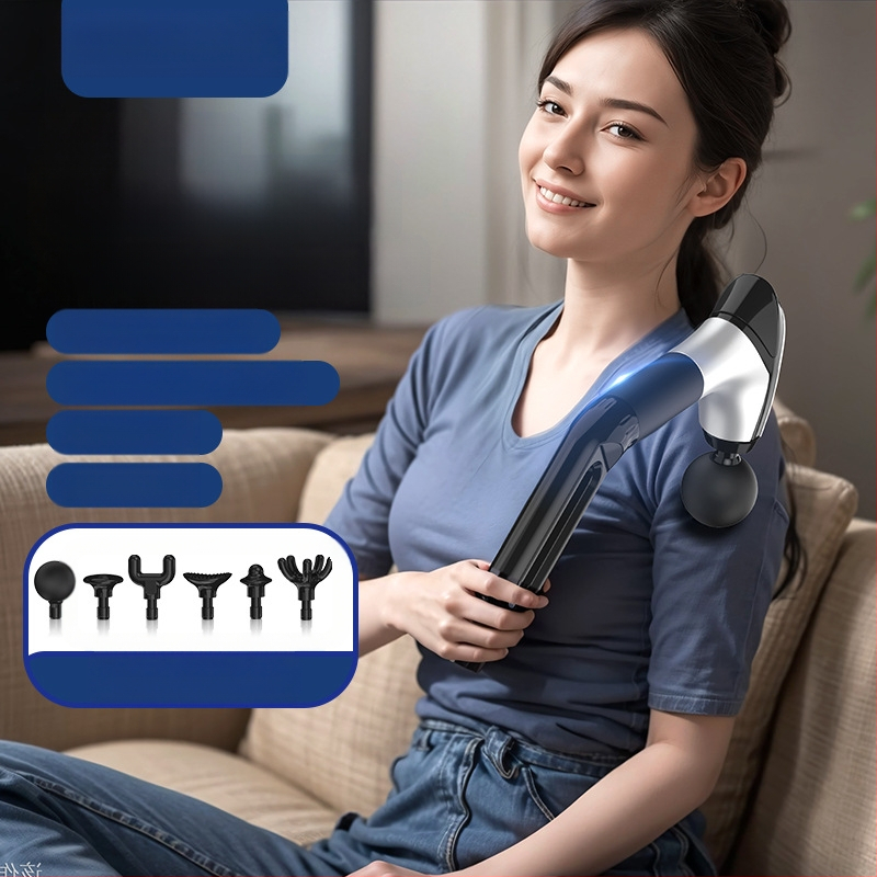 Fasijos masažo įrenginys su kaklo antgaliu, aukšto dažnio vibracijos, 6 galvutės, LCD ekranas, 5+ greičiai, tylus veikimas iki 36 dB