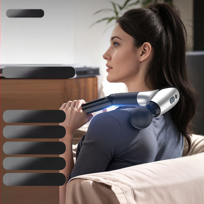 Fasijos masažo įrenginys su kaklo antgaliu, aukšto dažnio vibracijos, 6 galvutės, LCD ekranas, 5+ greičiai, tylus veikimas iki 36 dB