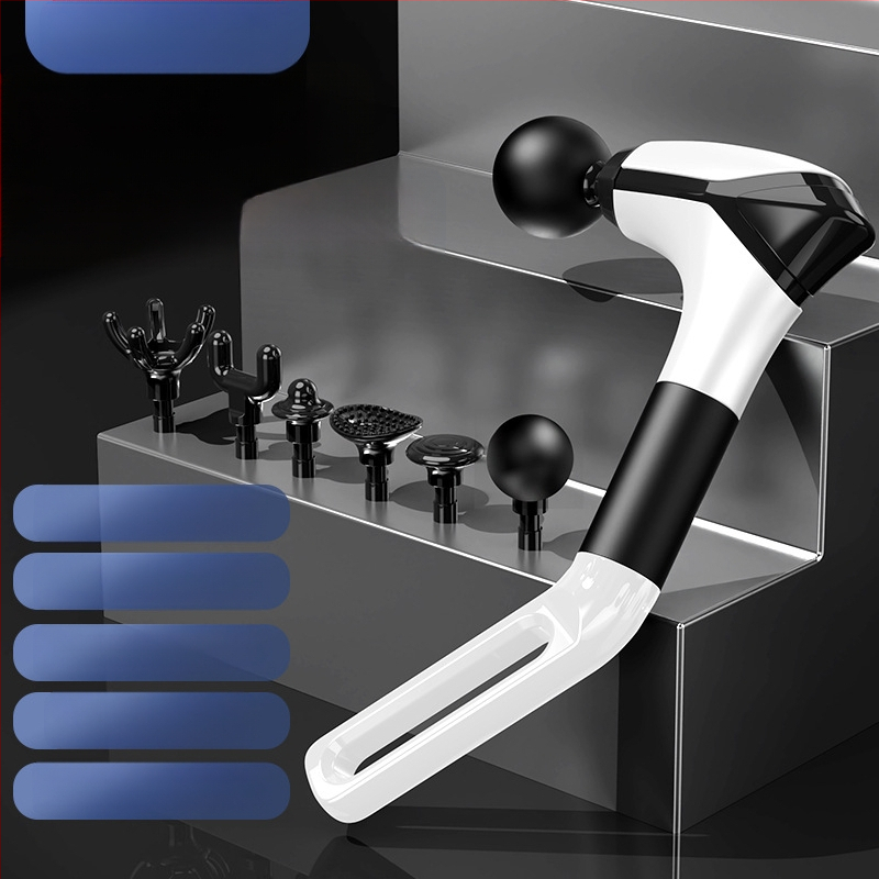 Fasijos masažo įrenginys su kaklo antgaliu, aukšto dažnio vibracijos, 6 galvutės, LCD ekranas, 5+ greičiai, tylus veikimas iki 36 dB