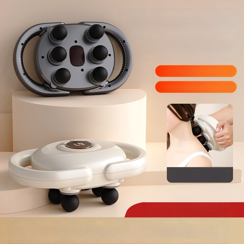 Šešių galvų kaklo masažuoklis su LCD, bešepelių variklis, 5+ greičiai, įmontuota baterija, veikimo laikas 1–3 valandos