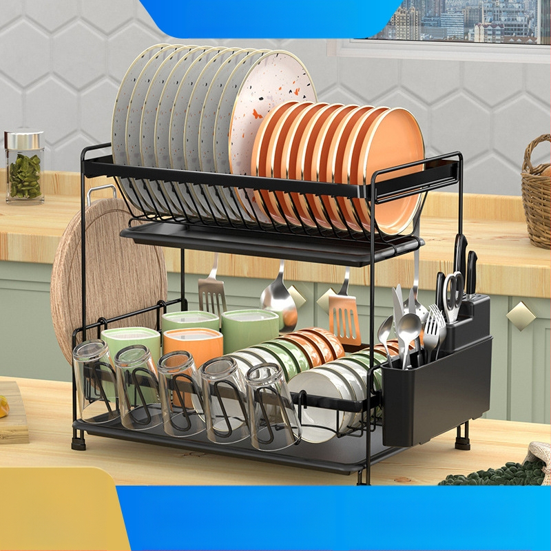 Dvigubo sluoksnio indų džiovinimo lentyna virtuvei – plieninė viela, šiuolaikinis minimalistinis stilius, indų ir dubenėlių organizatorius