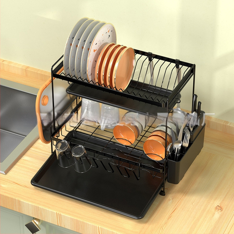 Dvigubo sluoksnio indų džiovinimo lentyna virtuvei – plieninė viela, šiuolaikinis minimalistinis stilius, indų ir dubenėlių organizatorius