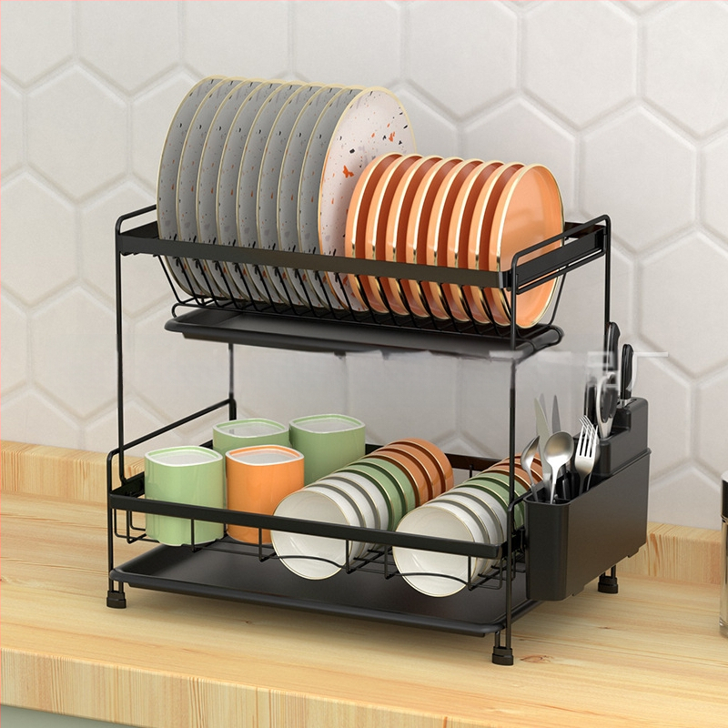 Dvigubo sluoksnio indų džiovinimo lentyna virtuvei – plieninė viela, šiuolaikinis minimalistinis stilius, indų ir dubenėlių organizatorius