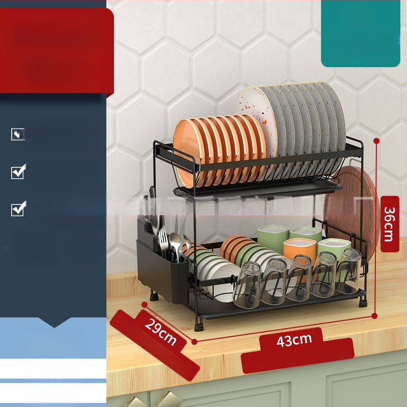 Dvigubo sluoksnio indų džiovinimo lentyna virtuvei – plieninė viela, šiuolaikinis minimalistinis stilius, indų ir dubenėlių organizatorius