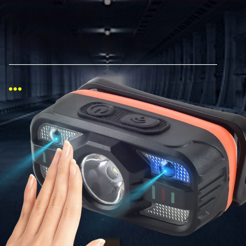 Indukcinė galvos prožektorius su daugiafunkciniu įkraunamu LED, ant galvos dėvimas; baterijos talpa 500–800 mAh, galia 5W, spindulys 100–200 m, energijos generavimas rankos prispaudimu