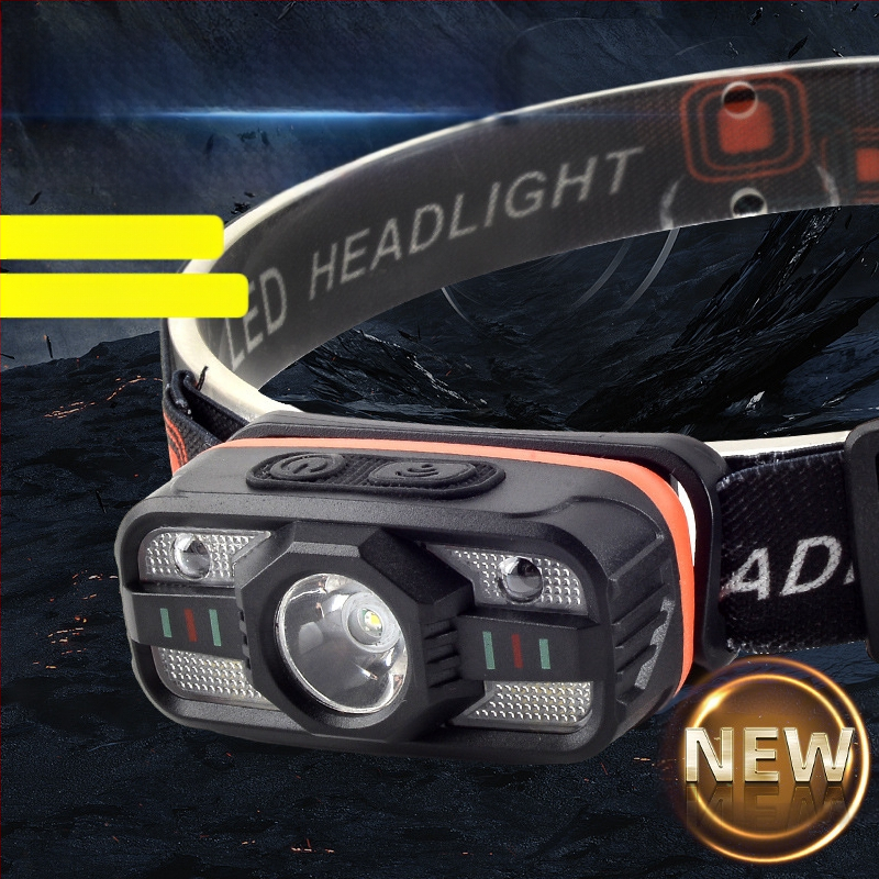 Indukcinė galvos prožektorius su daugiafunkciniu įkraunamu LED, ant galvos dėvimas; baterijos talpa 500–800 mAh, galia 5W, spindulys 100–200 m, energijos generavimas rankos prispaudimu