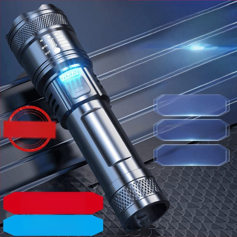 Rankinis žibintas: 20W šviesos galia, 180° spindulio kampas, 200 m nuotolis, 18650 akumuliatorius, įkrovimo laikas 5 valandos